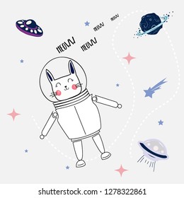 galaxy cat space star planet girl tee illustration art vector 