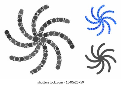 Galaxy composition of small circles in various sizes and color tints, based on galaxy icon. Vector filled circles are grouped into blue mosaic. Dotted galaxy icon in usual and blue versions.