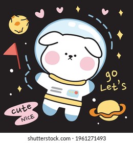 Galaxy Concept.Cute Dog In Space Suit Cartoon.Animal Character Design.Planet Hand Drawn.Kid Graphic.Kawaii.Image.Art.Vector.Illustration.