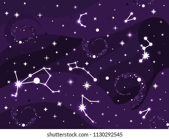 Galaxy constellation. Space background with stars, consellations, black hole, nebula. Stardust and shining stars background. Cosmic vector Illustration for brochures, flyer, textile, cards and posters