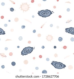 Galaxy cosmic seamless pattern with planets, stars and comets. Childish vector hand drawn cartoon illustration in simple scandinavian style. Pastel isolated on a white background.