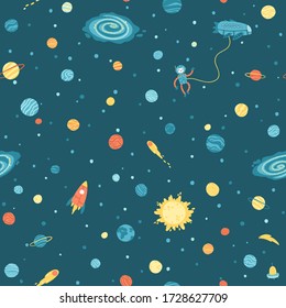 Galaxy cosmic seamless pattern with planets, stars and comets. Childishly vector hand-drawn cartoon illustration in simple scandinavian style. Colorful isolated on a dark background.