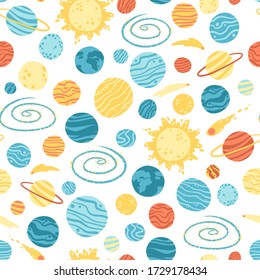Galaxy cosmic seamless pattern with planets, stars and comets. Childish vector hand drawn cartoon illustration in simple scandinavian style. Colorful isolated on a white background.