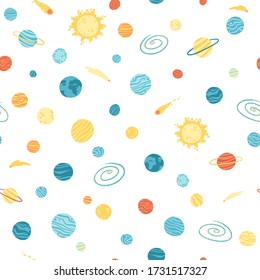 Galaxy cosmic seamless pattern with planets, stars and comets. Childish vector hand drawn cartoon illustration in simple scandinavian style. Colorful isolated on a white background.