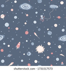 Galaxy cosmic seamless pattern with planets, stars and comets. Childishly vector hand-drawn cartoon illustration in simple scandinavian style. Pastel isolated on a dark background.