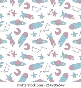 Galaxy cosmic seamless pattern with planets, stars and comets. Childish vector hand drawn cartoon illustration in simple sticker style