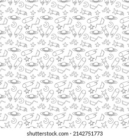 Galaxy cosmic seamless pattern with planets, stars and comets. Childish vector hand drawn cartoon illustration in simple scandinavian style. Pastel isolated on a white background.
