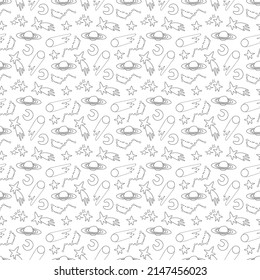 Galaxy cosmic seamless pattern with planets, stars and comets. Childish vector hand drawn cartoon illustration in simple scandinavian style. Pastel isolated on a white background.