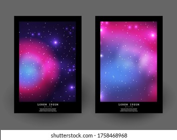 Galaxy cover design, neon vector illustration. Set of two space banners, shiny stars, flare, infinity layout. Modern creative banner, graphic design elements. Planets, star, universe background.