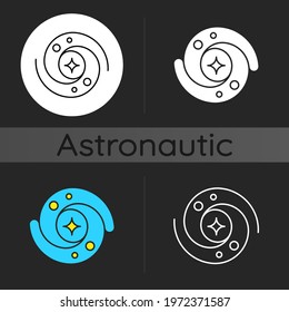Galaxy dark theme icon. Gravitationally bound system of stars and planets that are spinning around. Huge space bodies. Linear white, simple glyph and RGB color styles. Isolated vector illustrations