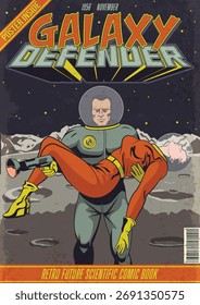 Galaxy Defender Retro Comic Book Cover Style Illustration. Astronaut and Beauty on the Unknown Planet. Retro Future Space Artwork, Aged Paper Texture