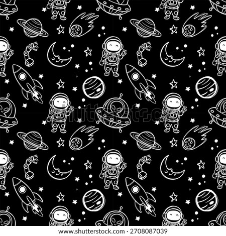 Galaxy Doodle Seamless pattern, Hand-Drawn Space Adventure Pattern.