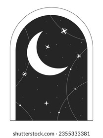 Galaxy door frame with crescent moon flat monochrome isolated vector object. Astrology magic. Editable black and white line art drawing. Simple outline spot illustration for web graphic design