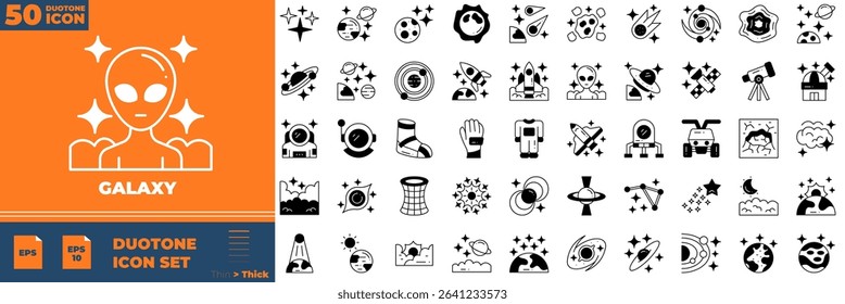 Galaxy Duotone Editable Icons set. Vector illustration in modern thin duotone style of galaxy icons: space, planet, comet, etc