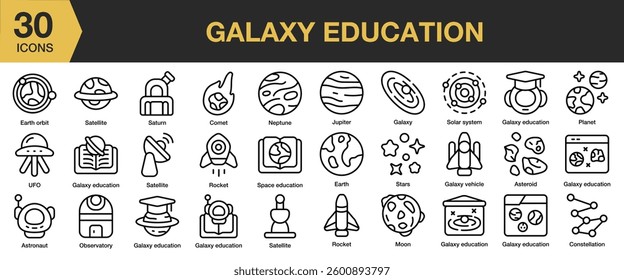 Galaxy Education icon set. Includes neptune, solar, earth, planet, satellite, and More. Outline icons vector collection.