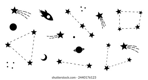 Galaxy elements, flay vector space clip art illustration set with stars and constellation