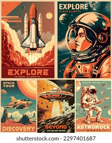 Galaxy exploration colorful set flyers with woman astronaut and spaceship or flying saucer near mars planet vector illustration