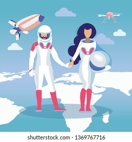 Galaxy Exploration Metaphor Flat Illustration. Male, Female Astronauts Holding Hands Cartoon Characters. Sci-Fi Interplanetary Flights, Journeys. Futuristic Flying Vehicles, Shuttle, Drone, Quadrotor