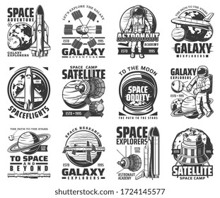 Galaxy exploration and outer space adventure vector icons. Astronaut academy and satellite space camp sign, moon and Saturn planets, spaceship and space shuttle explorer, orbital station