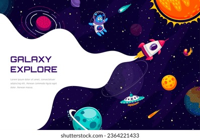 Explorar galaxia. Cohetes voladores, dibujos animados alienígenas y ufo en el espacio estrellado. Fondo vectorial, pancarta de viaje interestelar. Lanzamiento de la nave espacial con cohetes, astronauta extraterrestre y marco de la pista de humo blanco