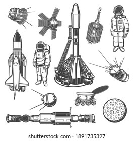 Galaxy explore monochrome vector icons. Universe expedition. Astronaut, space shuttle and satellites with rover. Moon with craters, spaceship and international station. Cosmos explore isolated labels