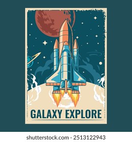Galaxy Explore Spaceship Launch to Mars Poster in Hand Drawn Vector Cartoon Illustration Design