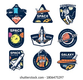 Galaxy explore vector icons. Astronaut, space shuttle and satellites in outer space. Universe expedition, exploration and adventure. Cosmos explorers and alien planet colonization mission retro labels