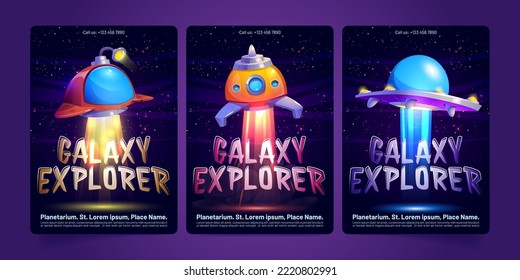 Afiches del explorador Galaxy con cohetes futuristas y naves espaciales volando en el espacio exterior con estrellas. Planetario, pancartas de educación astronómica con lanzaderas, ilustración de dibujos vectoriales