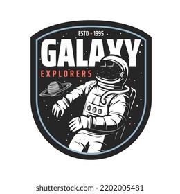 Galaxy Explorers Icon, Vector Emblem With Astronaut In Outer Space And Saturn Planet. Universe Exploration Retro Label, Cosmonaut In Spacesuit Fly In Weightlessness Isolated Badge In Vintage Style