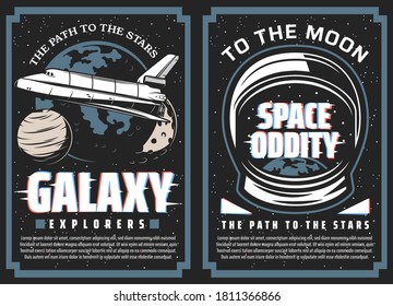 Galaxy explorers, space travel to stars vector banners. Space Shuttle orbiter flying in galaxy, Solar System planets and astronaut spacesuit helmet with planet Earth reflection. Moon program posters