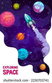 Galaxy exploring poster. Rocketship, space planets, stars and starry nebula. Space flight adventure, far planets systems research vector vertical banner with spaceship flying among galaxy nebula stars