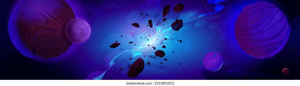 Galaxy explosion nebula space cartoon vector background. Universe crack at night sky outer cosmos illustration. Abstract futuristic fiction blue starry dark landscape with smoke and neon light shine.