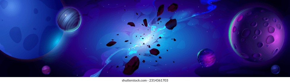 Galaxy explosion nebula space cartoon vector background. Universe crack at night sky outer cosmos illustration. Abstract futuristic fiction blue starry dark landscape with smoke and neon light shine.