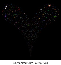 Galaxy explosive stream. Vector illustration style is flat bright multicolored iconic galaxy symbols on a black background. Object fountain done from random pictographs.