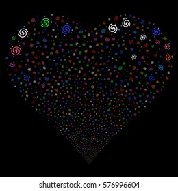 Galaxy fireworks with heart shape. Vector illustration style is flat bright multicolored iconic symbols on a black background. Object heart organized from scattered pictograms.