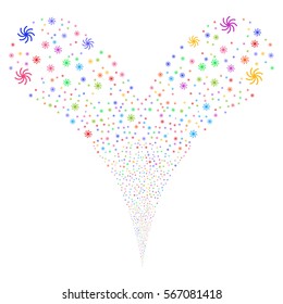 Galaxy fireworks stream. Vector illustration style is flat bright multicolored iconic symbols on a white background. Object double fountain combined from random symbols.
