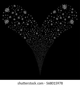 Galaxy fireworks stream. Vector illustration style is flat white iconic symbols on a black background. Object double fountain created from random symbols.