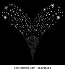 Galaxy fireworks stream. Vector illustration style is flat white iconic symbols on a black background. Object double fountain constructed from random design elements.