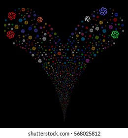 Galaxy fireworks stream. Vector illustration style is flat bright multicolored iconic symbols on a black background. Object double fountain organized from random icons.