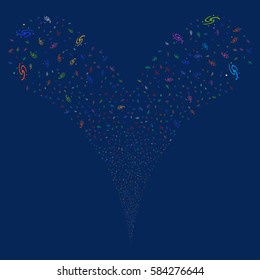 Galaxy fireworks stream. Vector illustration style is flat bright multicolored iconic symbols on a blue background. Object double fountain created from random icons.