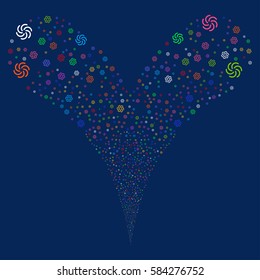 Galaxy fireworks stream. Vector illustration style is flat bright multicolored iconic symbols on a blue background. Object double fountain created from random pictograms.