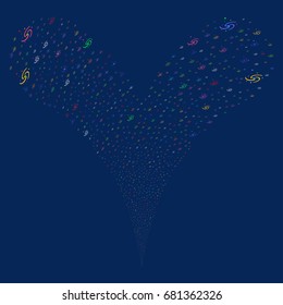 Galaxy fireworks stream. Vector illustration style is flat bright multicolored iconic galaxy symbols on a blue background. Object fountain done from random design elements.