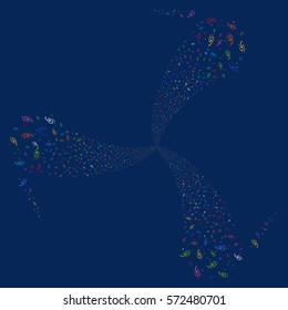 Galaxy fireworks swirl rotation. Vector illustration style is flat bright multicolored iconic symbols on a blue background. Object spiral done from random pictograms.