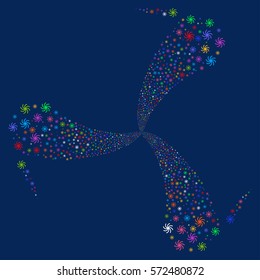 Galaxy fireworks swirl rotation. Vector illustration style is flat bright multicolored iconic symbols on a blue background. Object spiral created from random icons.