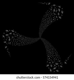 Galaxy fireworks swirl rotation. Vector illustration style is flat white iconic symbols on a black background. Object twirl organized from random icons.
