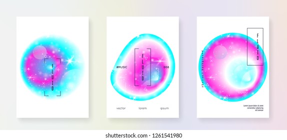 Galaxy flyer. Holographic gradients. Neon science cover set with planets, sun, deep fluid light. 3d magic dreamer unicorn sparkles. Galaxy flyer with universe shapes and star dust.