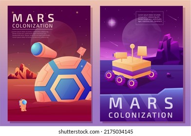 Galaxy-Flyer. Space Mars Infografik für zukünftige Marsmission. Raketen und Astronauten. Planeten-Kolonisierung. Erforschung des Kosmos-Universums. Kosmische Station. Vektorplakatvorlagen-Set