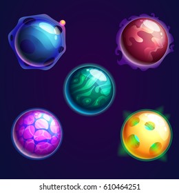 Galaxy glowing planets with satellite or cosmos sphere supernova star objects, set of isolated cartoon cometes with holes or craters on surface. Universe and astronomy, astrology and exploration theme