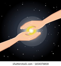 Galaxia en manos. creación del universo. milagro del espacio y la religión. Estudio de astrología, psicología, hinduismo, numerología. Renacimiento del alma. ilustración vectorial