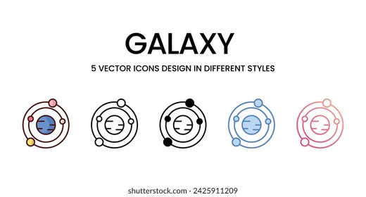 Galaxy Icon Design in Five style with Editable Stroke. Line, Solid, Flat Line, Duo Tone Color, and Color Gradient Line. Suitable for Web Page, Mobile App, UI, UX and GUI design.